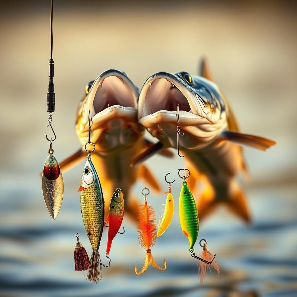 A close-up view of two channel catfish aggressively striking a collection of lures in the foreground, including a shimmering spinner bait, a brightly colored crankbait, and a jig with a realistic plastic grub. The fish are captured in mid-leap, their mouths open wide, showcasing their signature whiskers and powerful jaws. The lures are suspended against a blurred, hazy background that evokes a tranquil, natural setting, perhaps a gently flowing river or a still pond. Warm, diffused lighting casts a golden glow, creating a sense of drama and energy. The entire scene is captured with a shallow depth of field, drawing the viewer's attention to the dynamic interaction between the catfish and the enticing lures.