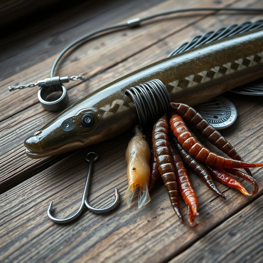 A closeup of a well-crafted bullhead catfish rig, laid out on a rustic wooden surface with soft, natural lighting. The setup features a sturdy fishing line, a slip sinker, a high-quality circle hook, and a selection of juicy nightcrawlers or other enticing baits. The rig is meticulously arranged, showcasing the attention to detail that can improve bite-to-hookup ratios when targeting these bottom-dwelling fishes. The overall mood is one of calm, confidence, and the promise of a successful bullhead fishing expedition.