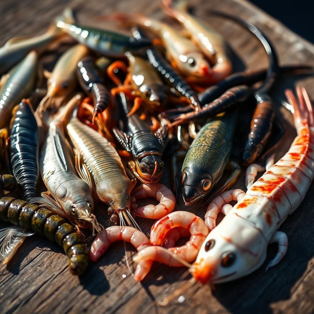 A closeup of various fishing bait laid out on a wooden surface, including live minnows, crawfish, nightcrawlers, and freshwater shrimp. The bait is arranged in an aesthetically pleasing manner, with natural lighting casting soft shadows and highlights to emphasize the textures and colors. The composition is balanced, with the bait items occupying the central focus of the frame. The background is slightly blurred, creating a sense of depth and drawing the viewer's attention to the high-quality, freshly-gathered bait options. The overall mood is one of outdoor adventure and the promise of a successful bowfin fishing expedition.