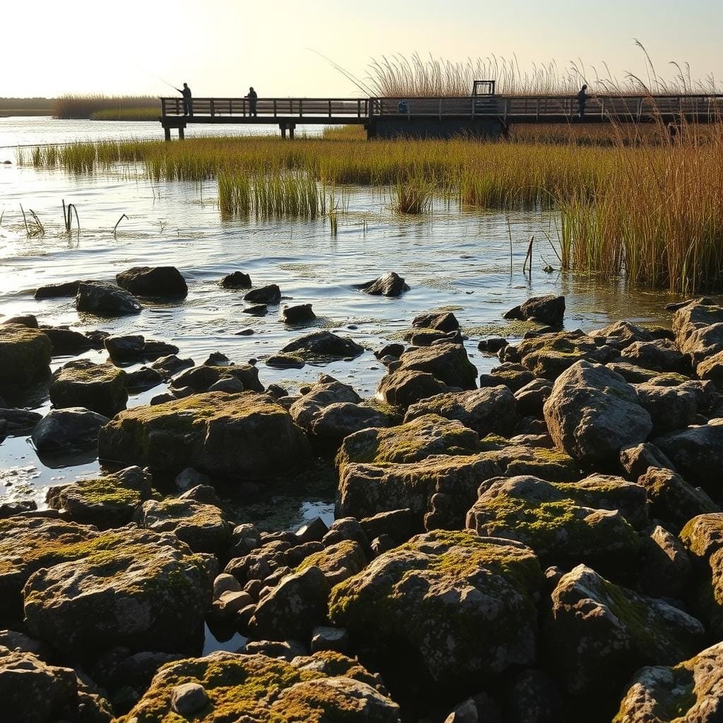 A coastal scene featuring a variety of productive structures and hotspots for weakfish. In the foreground, a rocky shoreline with tide pools and algae-covered boulders. In the middle ground, a wooden pier extending into the water, with anglers casting their lines. In the background, a shallow estuary with tall reeds and submerged vegetation, creating ideal habitat for weakfish. The sun casts a warm, golden glow over the scene, illuminating the water and highlighting the textures of the structures. The overall mood is serene and inviting, capturing the essence of a prime weakfish fishing location. A coastal scene featuring a variety of productive structures and hotspots for weakfish. In the foreground, a rocky shoreline with tide pools and algae-covered boulders. In the middle ground, a wooden pier extending into the water, with anglers casting their lines. In the background, a shallow estuary with tall reeds and submerged vegetation, creating ideal habitat for weakfish. The sun casts a warm, golden glow over the scene, illuminating the water and highlighting the textures of the structures. The overall mood is serene and inviting, capturing the essence of a prime weakfish fishing location.