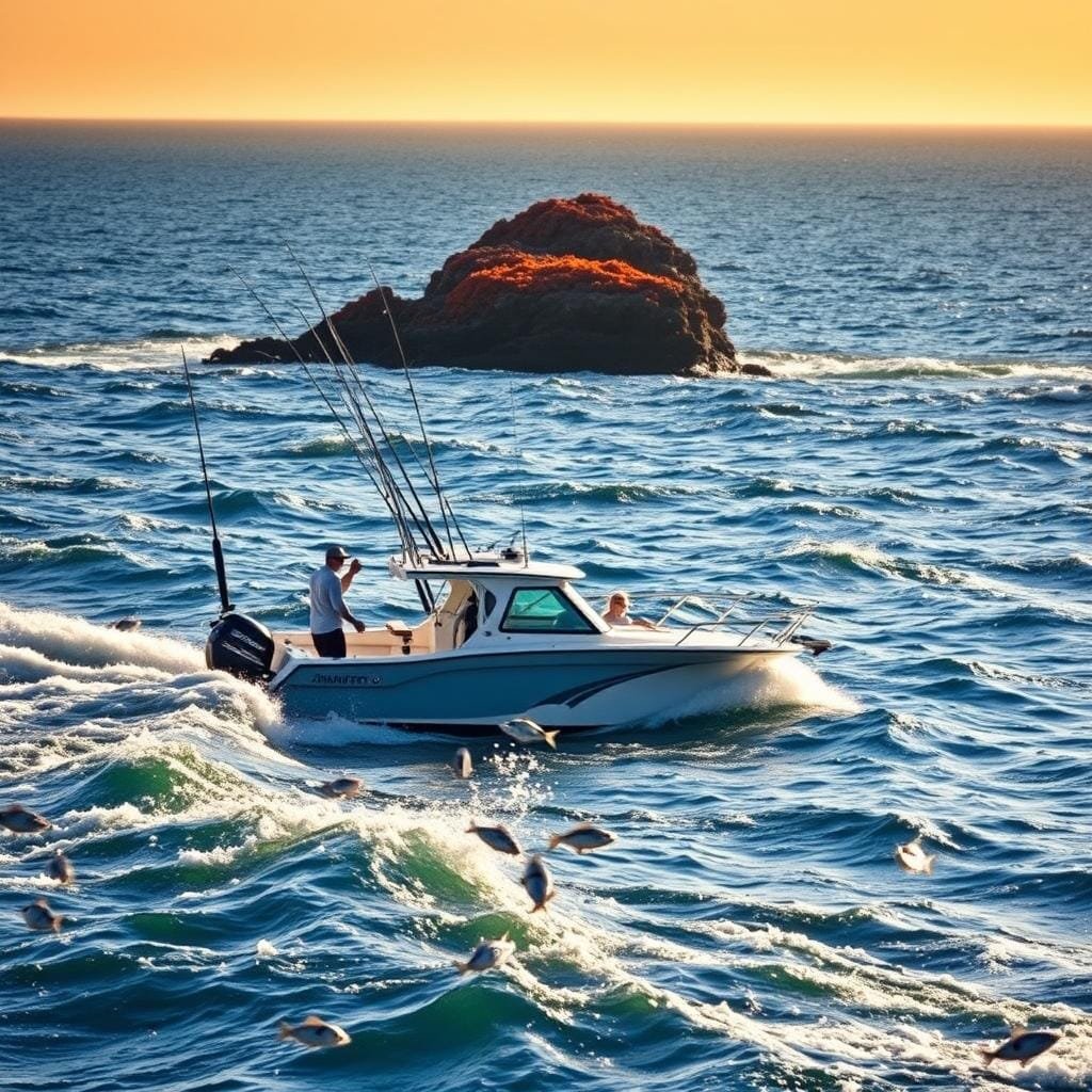 A coastal scene with a fishing boat in the foreground, its occupants engaged in bottom fishing, drifting, and vertical jigging techniques for snapper. The boat is positioned amidst swirling currents and schools of baitfish, with the sun's rays filtering through the waves. In the middle ground, a rocky outcrop juts from the water, its surface covered in vibrant seaweed. The background features a distant horizon, where the sky transitions from a warm, golden hue to a deep, oceanic blue. The overall atmosphere conveys the excitement and challenge of snapper fishing, with the various techniques highlighted through the dynamic composition.