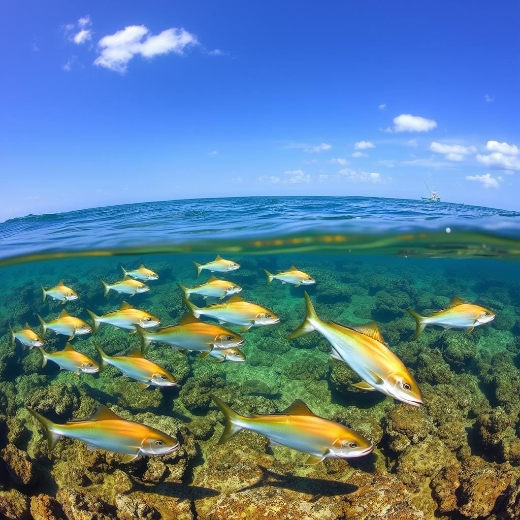 A coastal seascape with a clear blue sky, sun-dappled water, and a vibrant underwater scene. In the foreground, a shoal of cobia swimming gracefully through a rocky reef, their streamlined bodies glinting in the sunlight. The middle ground features a complex network of submerged structures, such as wrecks, jetties, and ledges, creating ideal hiding spots and ambush points for the cobia. In the background, a distant horizon with distant fishing boats, suggesting the sight-fishing zones where anglers can spot and target these prized game fish. The lighting is natural and warm, casting a golden glow over the entire scene, and the camera angle is slightly elevated, providing a sweeping, panoramic view of the cobia's preferred habitat.