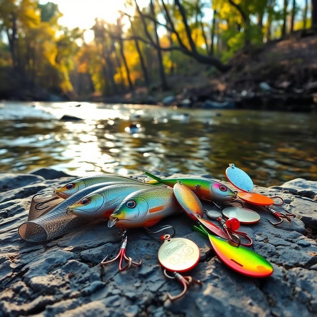 A collection of lures in a natural river setting, with soft bait, hard crankbaits, and spinnerbaits arranged artfully on a rocky shore. Warm afternoon sunlight filters through the trees, casting a golden glow on the water's surface. The lures are displayed in an eye-catching, almost staged manner, highlighting their unique shapes, colors, and details. The overall scene conveys a sense of anticipation and excitement for the upcoming white bass fishing adventure.