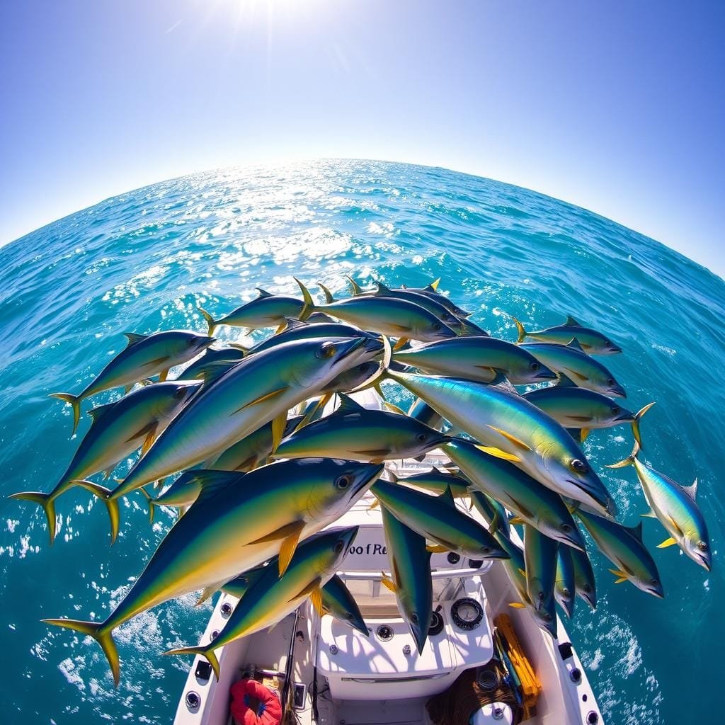 A crystal-clear ocean backdrop, with sunlight glistening on the water's surface. In the foreground, a school of vibrant mahi-mahi, also known as dorado, gracefully swimming in a synchronized pattern. Their sleek, streamlined bodies adorned with brilliant blue, green, and yellow hues. In the middle ground, a fisherman's boat, equipped with various fishing gear and bait options - live, cut, and chum strategies on display. The scene is captured with a wide-angle lens, emphasizing the scale and majesty of the marine environment. The overall mood is one of anticipation and adventure, showcasing the techniques and strategies employed by skilled anglers in pursuit of the prized dorado.