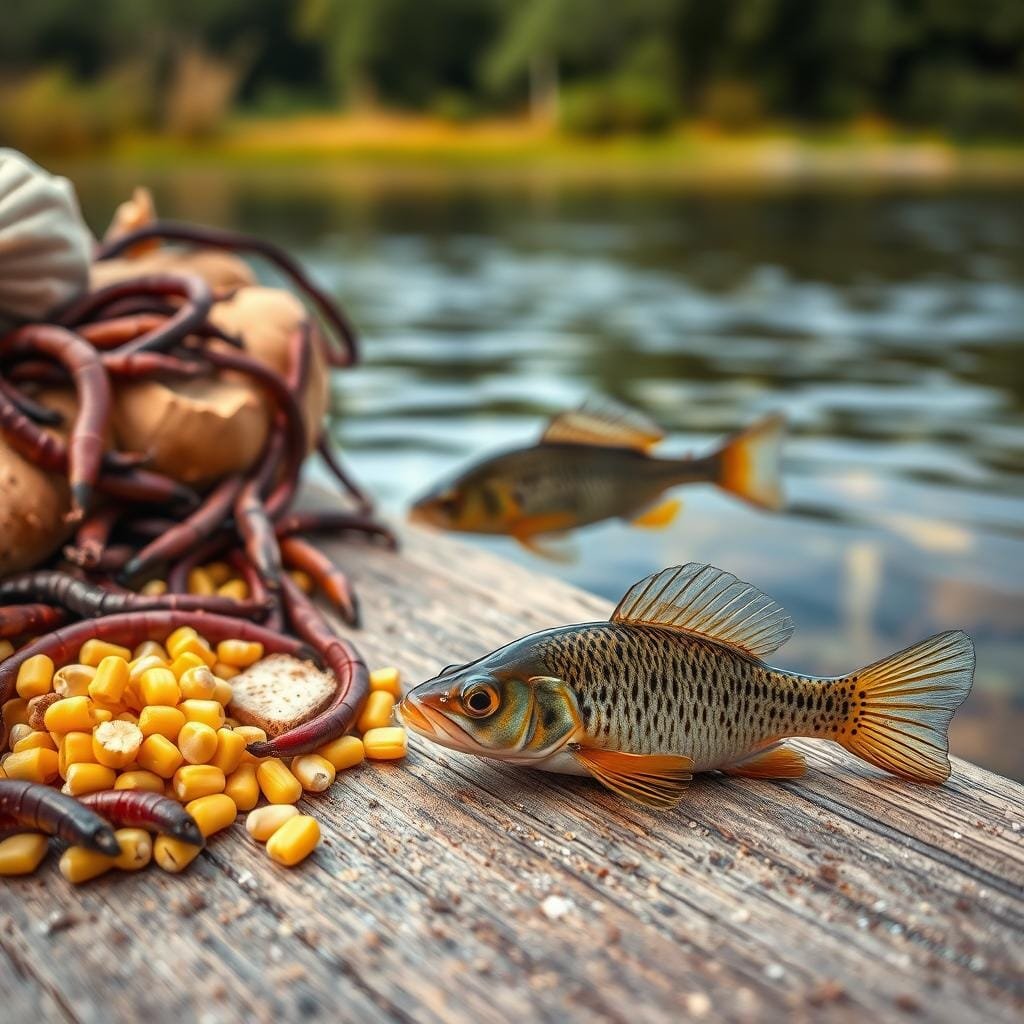 A detailed close-up image of the most effective bait for pumpkinseed fish, shot with a high-resolution DSLR camera and a macro lens. The foreground features an assortment of natural baits including live worms, corn kernels, and pieces of bread, arranged neatly on a wooden surface with a subtle texture. The middle ground showcases a pumpkinseed fish swimming in a clear, shallow body of water, its colorful scales and fins visible. The background depicts a lush, out-of-focus natural environment, such as a pond or a riverbank, creating a sense of tranquility and the ideal pumpkinseed fishing habitat. A detailed close-up image of the most effective bait for pumpkinseed fish, shot with a high-resolution DSLR camera and a macro lens. The foreground features an assortment of natural baits including live worms, corn kernels, and pieces of bread, arranged neatly on a wooden surface with a subtle texture. The middle ground showcases a pumpkinseed fish swimming in a clear, shallow body of water, its colorful scales and fins visible. The background depicts a lush, out-of-focus natural environment, such as a pond or a riverbank, creating a sense of tranquility and the ideal pumpkinseed fishing habitat.