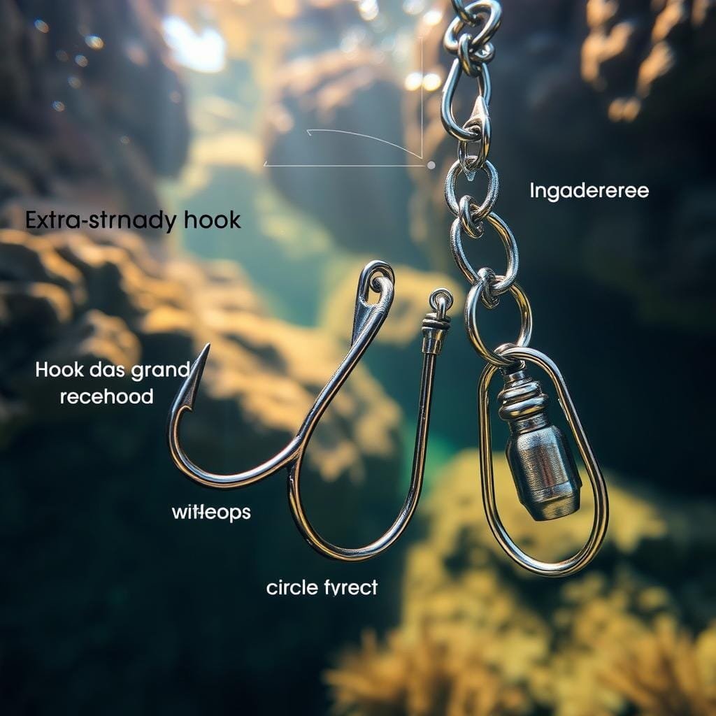 A detailed close-up of an array of specialized fishing gear, including a heavy-duty hook with a reinforced shank, a wide-gap circle hook, and an extra-strong swivel. The gear is positioned against a backdrop of rocky underwater terrain, with hints of sunlight filtering through the water and casting a warm, golden glow. The scene conveys a sense of rugged functionality and a focus on maximizing hookup rates in challenging, snag-prone environments.