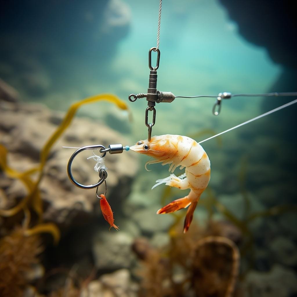 A detailed close-up view of a fishing rig with various components, including a hook, leader, swivel, and sinker, carefully arranged against a backdrop of a rocky seafloor and gently swaying seaweed. The rig is meticulously crafted, showcasing the perfect match between the bait, a succulent live shrimp, and the structure of the habitat, where grouper are known to thrive. The scene is illuminated by soft, diffused lighting, creating a serene and naturalistic atmosphere that emphasizes the importance of tailoring the fishing gear to the specific conditions for maximum success in grouper fishing.