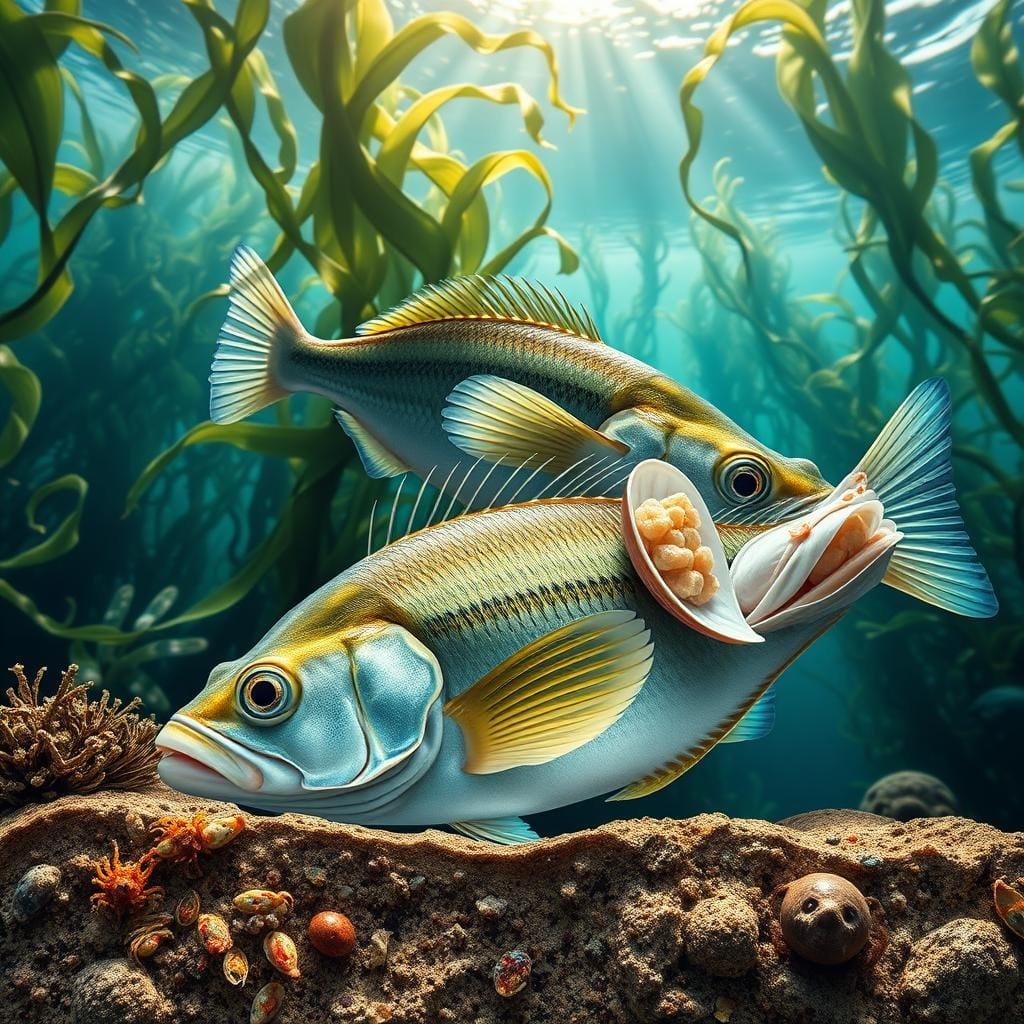 A detailed cross-section of the diets of juvenile and adult scup fish. In the foreground, a juvenile scup with a small, delicate mouth nibbles on plankton and small crustaceans. In the middle ground, an adult scup with a larger, powerful jaw grazes on seaweed and mollusks. The background depicts a lush, underwater seascape with swaying kelp forests and shimmering sunlight filtering through the water. Realistic textures, vibrant colors, and a sense of depth and scale create a scientifically accurate yet visually striking representation of the dietary differences between life stages of this important marine species.