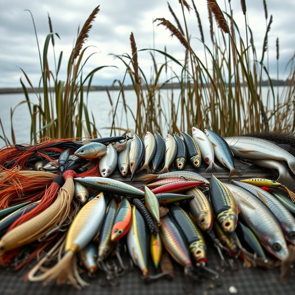 A detailed display of various fishing lures and baits against a natural backdrop. In the foreground, an array of muskellunge-specific lures, including bucktail jigs, topwater baits, and crankbaits, are arranged with care. The middle ground showcases different types of live bait, such as large shiners and suckers, while the background features a serene lakeside scene with reeds, cattails, and a cloudy sky. The lighting is soft and diffused, capturing the tranquility of the setting. The overall composition highlights the diversity of effective muskie attractants and the importance of understanding when to employ each lure or bait type for successful fishing.