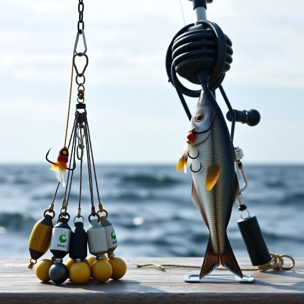 A detailed illustration of two distinct fishing rig setups, captured under natural daylight against a scenic marine backdrop. In the foreground, a meticulously rendered high-low rig with carefully arranged hooks, weights, and bait. In the middle ground, an equally precise fish-finder rig with a streamlined, minimalist design. Both rigs are positioned to showcase their unique characteristics and intended applications. The background features a tranquil ocean vista, with gently rolling waves and a softly diffused sky, creating a serene and contemplative atmosphere. The lighting is soft and diffused, emphasizing the textures and materials of the fishing gear. The overall composition is visually balanced and invites the viewer to closely examine the nuanced differences between these two effective scup-catching setups.