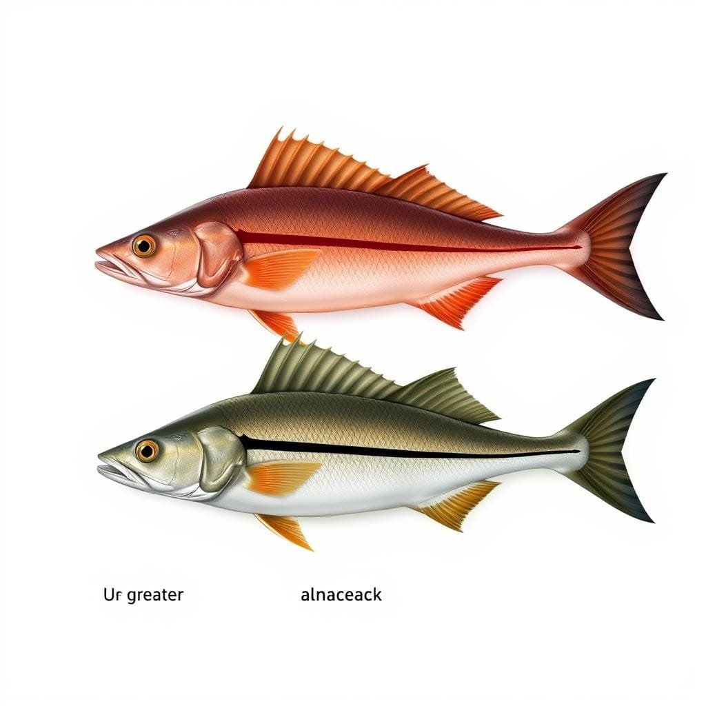 A detailed, scientifically accurate illustration showcasing the key visual differences between the Greater amberjack, Lesser amberjack, and Almaco jack species. Positioned in a grid layout, the three fish are depicted in life-like detail against a plain, neutral background illuminated by soft, natural lighting. Emphasize the distinctive features like body shape, fin placement, coloration patterns, and scale textures to enable easy visual comparison between the three similar-looking jacks. Render the image with a high level of photorealism and technical precision, capturing the essence of a scientific reference guide.