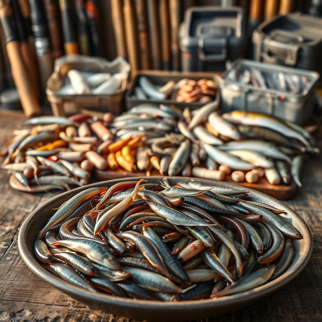 A detailed still life arrangement showcasing a varied selection of live and dead bait options for lake trout fishing. In the foreground, a cluster of live minnows, leeches, and worms wriggling in a shallow tray. In the middle ground, an array of frozen and preserved baits like cut-up herring, shad, and small fish, displayed on an aged wooden surface. In the background, a backdrop of fishing rods, tackle boxes, and other angling equipment, conveying a sense of an outdoor fishing scene. Warm, natural lighting casts a golden glow over the scene, highlighting the textures and colors of the diverse bait options. The overall composition emphasizes the versatility and effectiveness of these live and dead baits for consistently attracting lake trout.