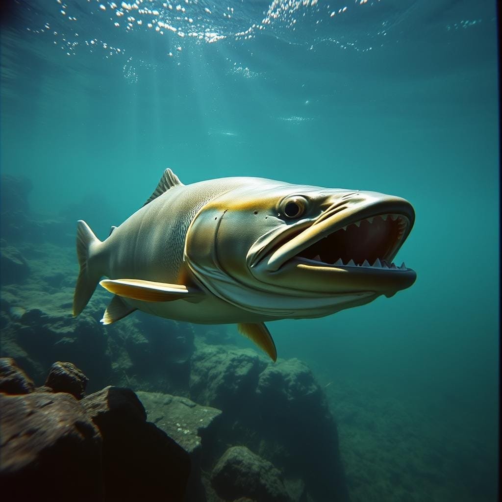 A detailed underwater scene featuring a lake trout swimming near the bottom of a deep, clear lake. The trout's large, cavernous mouth is open, revealing its sharp teeth, as it hunts for prey. The water is tinted a deep blue-green, with shafts of sunlight penetrating the depths. Rocks, aquatic plants, and a slight current create a serene, realistic environment. The camera angle is slightly elevated, providing a view of the trout from above, emphasizing its massive size and powerful build. Subtle film grain and depth of field blur enhance the cinematic quality of the image.
