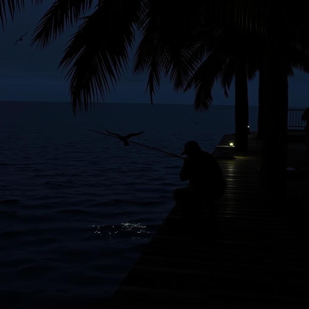 A dimly lit fishing pier at dusk, the water's surface shimmering with a gentle swell. In the foreground, a stealthy angler, crouched low, slowly retrieves a soft plastic lure, its subtle movements triggering a burst of activity beneath the surface. Shadows cast by overhanging palms add to the sense of secrecy, as the angler waits patiently for the elusive snook to strike. The background fades into a hazy horizon, with the occasional gull soaring overhead, completing the tranquil, yet intensely focused scene.