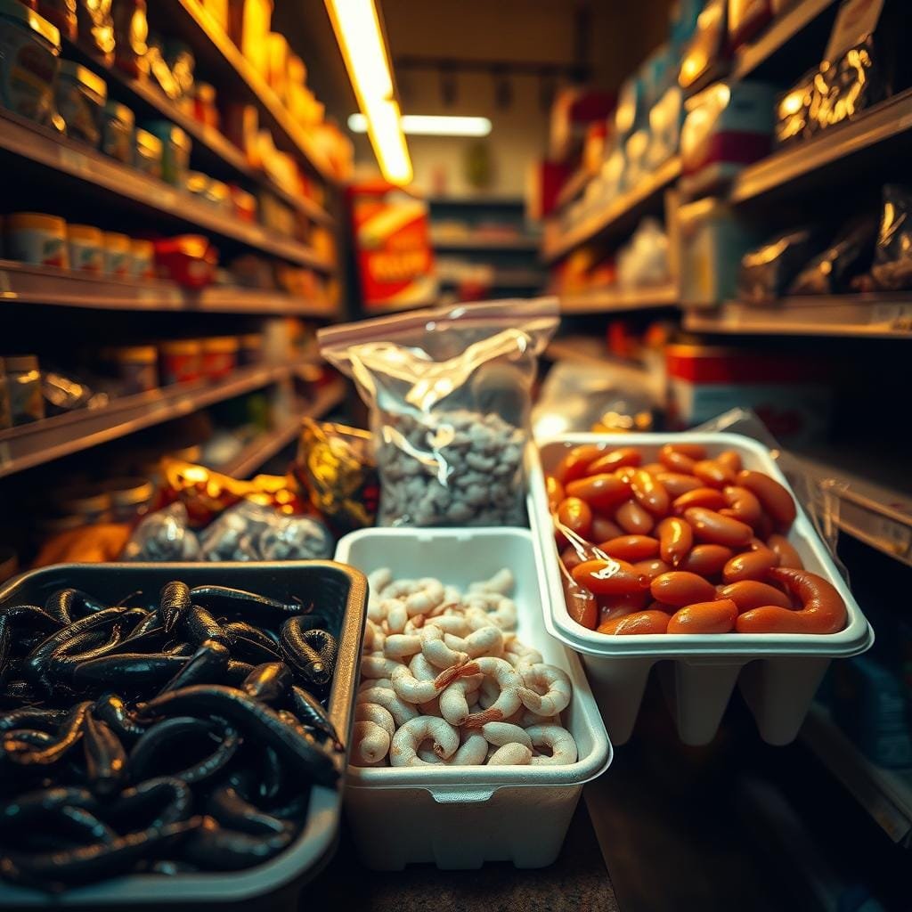 A dimly lit grocery store aisle, with shelves stocked with various fishing bait essentials. In the foreground, a carton of nightcrawlers, their slimy bodies coiled and glistening under warm, soft lighting. Next to it, a Styrofoam tray of fresh chicken livers, their deep red hue catching the eye. In the middle ground, a bag of frozen shrimp, translucent and icy, ready to be used as irresistible bait. The scene is bathed in a warm, nostalgic glow, evoking the quintessential feel of a trusted local market, where anglers find the tools of their trade. The composition is balanced, with each bait item clearly visible and the overall mood conveying the excitement of preparing for a successful channel catfish outing.