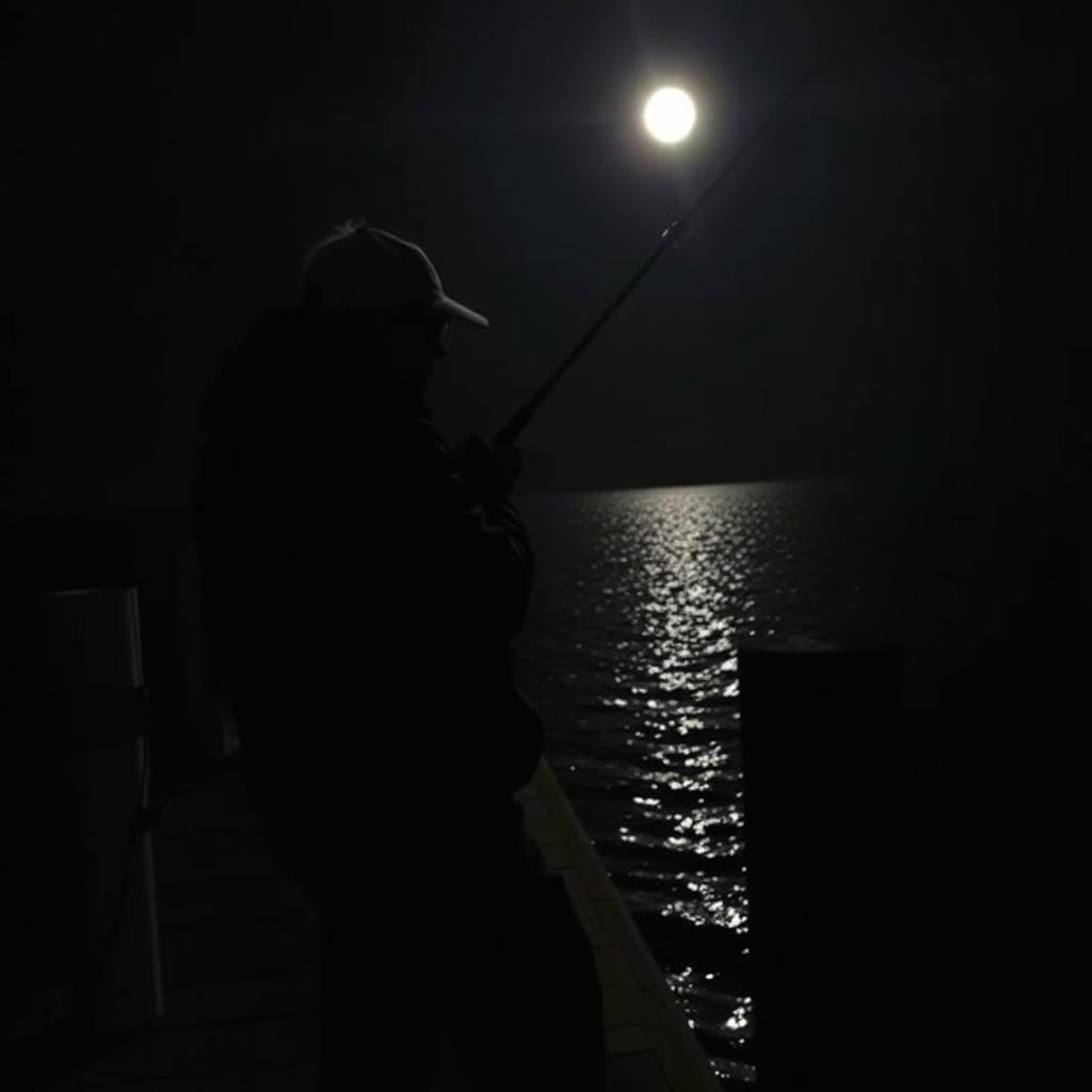 A dimly lit pier at night, the water gently lapping against weathered wooden pilings. A lone angler stands poised, his eyes scanning the inky blackness for the telltale signs of a weakfish strike. The air is cool and crisp, the salt-tinged breeze ruffling his jacket as he casts his line, the reel's whirring the only sound breaking the stillness. Strategically placed lures and baitfish flicker in the pale glow of the moon, their movement creating a mesmerizing dance meant to entice the elusive weakfish into striking. The angler's focus is unwavering, his patience honed by years of experience, as he waits for that sudden, electrifying tug on the line that signals the arrival of his quarry. A dimly lit pier at night, the water gently lapping against weathered wooden pilings. A lone angler stands poised, his eyes scanning the inky blackness for the telltale signs of a weakfish strike. The air is cool and crisp, the salt-tinged breeze ruffling his jacket as he casts his line, the reel's whirring the only sound breaking the stillness. Strategically placed lures and baitfish flicker in the pale glow of the moon, their movement creating a mesmerizing dance meant to entice the elusive weakfish into striking. The angler's focus is unwavering, his patience honed by years of experience, as he waits for that sudden, electrifying tug on the line that signals the arrival of his quarry.