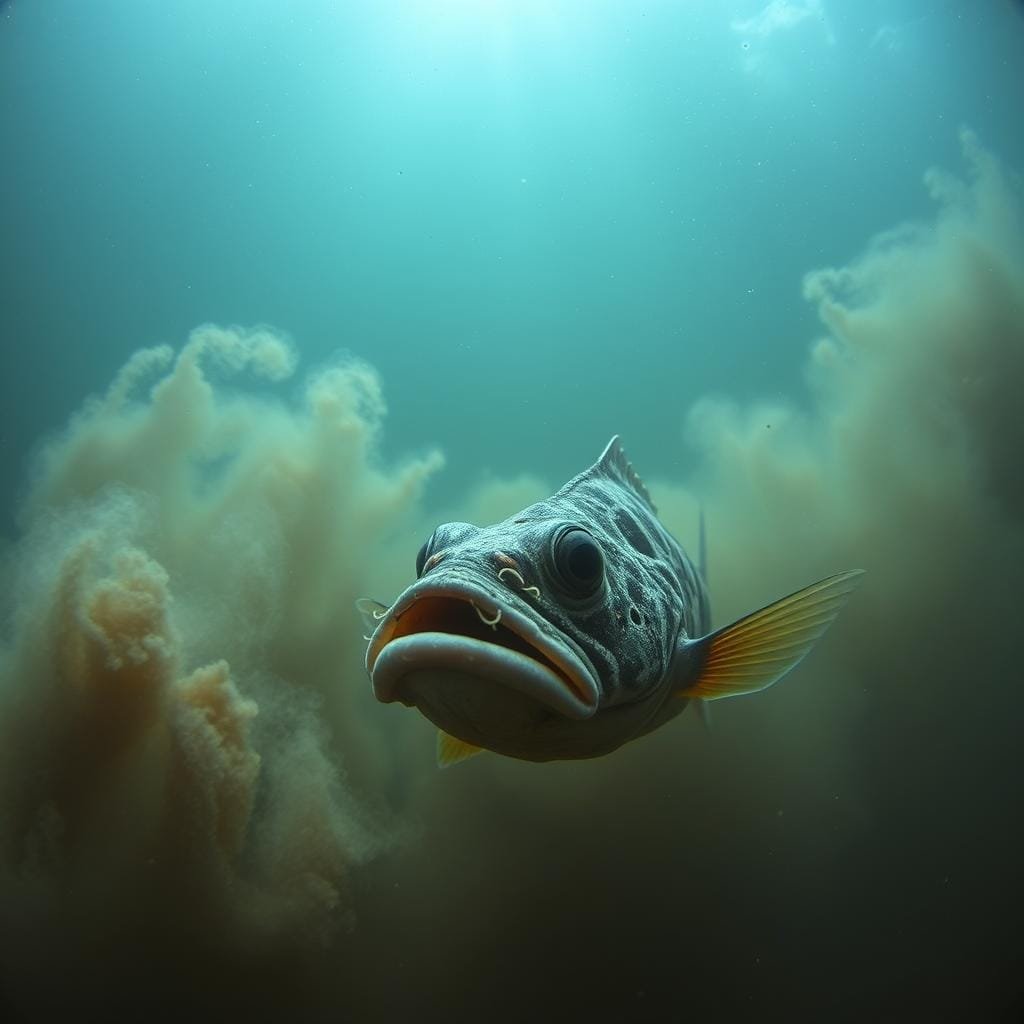 A dimly lit underwater scene, where a warmouth fish navigates the murky, low-oxygen waters. In the foreground, the fish's gills are flaring as it struggles to extract oxygen from the turbid, silt-laden environment. The fish's bulging eyes and camouflaged coloration convey its adaptations to this challenging habitat. In the middle ground, swirling sediment clouds obscure the view, creating an atmosphere of visual obstruction and environmental stress. The background fades into a hazy, diffused light, suggesting the limited visibility and energy-depleted nature of this aquatic realm. The overall mood is one of resilience and survival, as the warmouth perseveres in this hostile, low-oxygen, turbid landscape.
