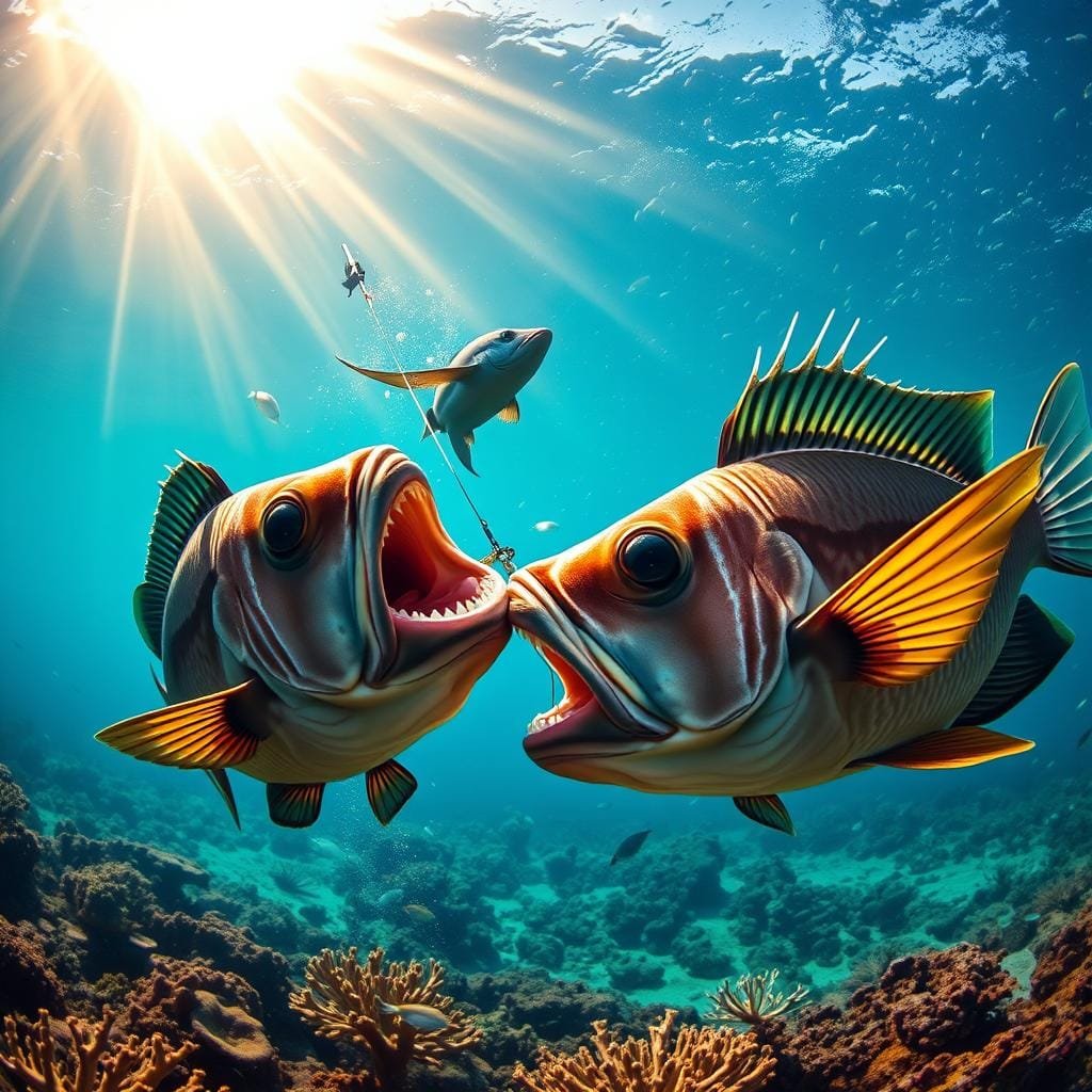 A dramatic underwater scene captures two triggerfish mid-fight, their mouths agape and fins flared. In the foreground, a fighting triggerfish lunges forward, its powerful jaws clamped down on the pectoral fin of a rival. In the middle ground, a setting the hook triggerfish twists and turns, muscles rippling as it tries to break free from the angler's line. Shafts of golden light pierce the turquoise waters, illuminating the frenetic action. Coral reef and schools of smaller fish provide a vibrant, naturalistic backdrop. The overall mood is one of intense struggle and raw, primal power.