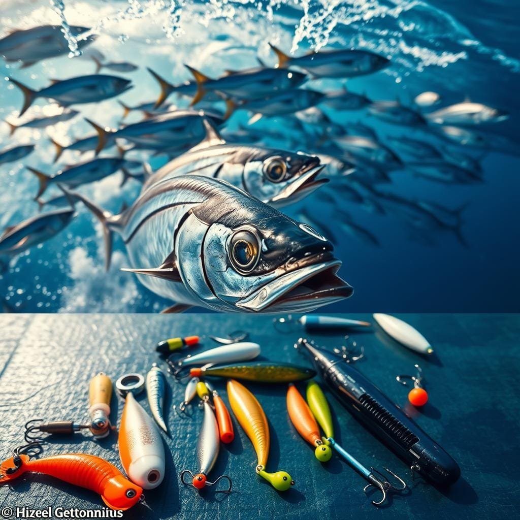 A dynamic school of bonito fish slice through azure waters, their sleek silver bodies cutting the surface with effortless grace. In the foreground, a close-up view captures the predatory predator's intense gaze, muscles tensing as it readies to strike. The middle ground showcases a variety of lures and baits, meticulously arranged to entice the speedy fish - vibrant colors, lifelike details, and tantalizing movement. The background fades into a sun-dappled seascape, hinting at the broader marine environment where these captivating creatures thrive. Cinematic lighting casts dramatic shadows, highlighting the predator's power and the careful presentation of the lures. An immersive, high-resolution scene that captures the essence of "Retrieve Styles and Presentation Tips for Speedy Predators". A dynamic school of bonito fish slice through azure waters, their sleek silver bodies cutting the surface with effortless grace. In the foreground, a close-up view captures the predatory predator's intense gaze, muscles tensing as it readies to strike. The middle ground showcases a variety of lures and baits, meticulously arranged to entice the speedy fish - vibrant colors, lifelike details, and tantalizing movement. The background fades into a sun-dappled seascape, hinting at the broader marine environment where these captivating creatures thrive. Cinematic lighting casts dramatic shadows, highlighting the predator's power and the careful presentation of the lures. An immersive, high-resolution scene that captures the essence of "Retrieve Styles and Presentation Tips for Speedy Predators".