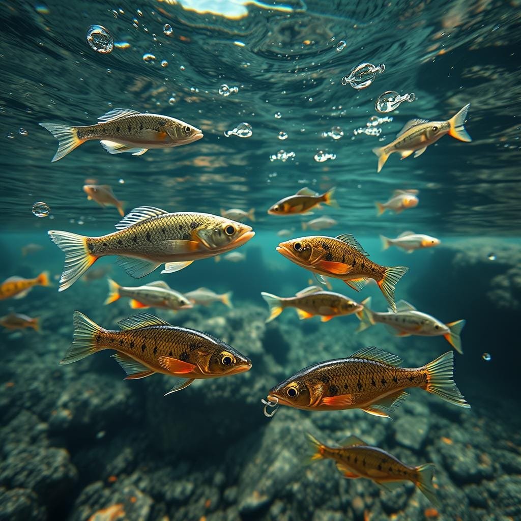 A dynamic underwater scene featuring a variety of realistic swimbaits and paddletails meticulously crafted to imitate the natural movements and behaviors of small baitfish. The foreground showcases these lures swimming through a crystal clear lake or river, with dynamic lighting and subtle water distortion effects that enhance the lifelike appearance. The middle ground features a backdrop of submerged vegetation, rocks, and other aquatic elements to create a believable and immersive environment. The overall composition and lighting evoke a sense of tranquility and anticipation, as if the viewer is an unseen predator waiting to ambush its prey. Rendered with a high level of detail and photorealism using a professional-grade camera lens and natural lighting. A dynamic underwater scene featuring a variety of realistic swimbaits and paddletails meticulously crafted to imitate the natural movements and behaviors of small baitfish. The foreground showcases these lures swimming through a crystal clear lake or river, with dynamic lighting and subtle water distortion effects that enhance the lifelike appearance. The middle ground features a backdrop of submerged vegetation, rocks, and other aquatic elements to create a believable and immersive environment. The overall composition and lighting evoke a sense of tranquility and anticipation, as if the viewer is an unseen predator waiting to ambush its prey. Rendered with a high level of detail and photorealism using a professional-grade camera lens and natural lighting.