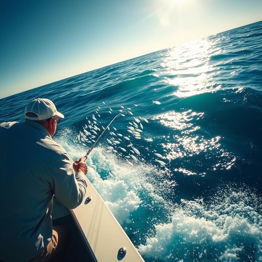 A fishing boat casts chum into the sparkling azure waters of the open ocean, attracting a swarm of baitfish. In the distance, a majestic king mackerel lurks, its powerful frame silhouetted against the sun's rays filtering through the waves. The captain scans the horizon, anticipating the apex predator's strike as it is drawn into range by the enticing scent and movement of the chum. Dramatic shadows and highlights accentuate the scene, creating a cinematic atmosphere that captures the thrill of trophy king mackerel fishing.