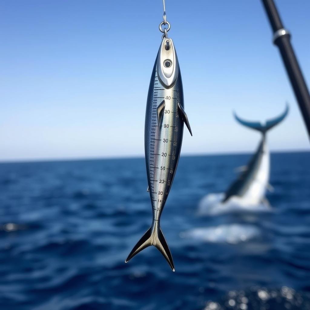 A fishing lure suspended in mid-air, its metallic surface gleaming under natural light. In the foreground, the lure's size and weight are prominently displayed, with precise measurements shown. In the middle ground, a vast, deep blue ocean extends, hinting at the marlin's habitat. The background features a faint silhouette of a marlin, its powerful frame and billowing fins suggesting the strength and challenge of this apex predator. The overall composition conveys a sense of expertise and the careful consideration required to select the perfect lure for marlin fishing. A fishing lure suspended in mid-air, its metallic surface gleaming under natural light. In the foreground, the lure's size and weight are prominently displayed, with precise measurements shown. In the middle ground, a vast, deep blue ocean extends, hinting at the marlin's habitat. The background features a faint silhouette of a marlin, its powerful frame and billowing fins suggesting the strength and challenge of this apex predator. The overall composition conveys a sense of expertise and the careful consideration required to select the perfect lure for marlin fishing.