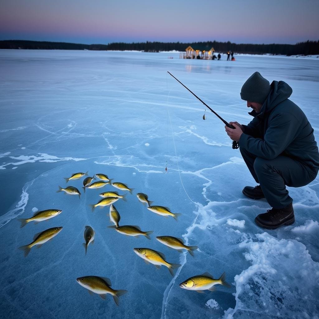 A frozen lake at dusk, the surface a mirror of silvery ice. In the foreground, a fisherman crouches, his hands deftly maneuvering a vertical jigging rod as he targets jumbo perch swimming below. The mid-ground reveals a school of the prized fish, their golden-hued bodies shimmering in the low light. In the background, a cluster of ice shanties dot the landscape, their warm glow casting a cozy ambiance across the scene. Soft, diffused lighting illuminates the fisherman's focus, the icy stillness broken only by the subtle movement of the jigging lure. The overall mood is one of quiet determination and the thrill of the hunt, a glimpse into the specialized techniques used to target these prized gamefish.