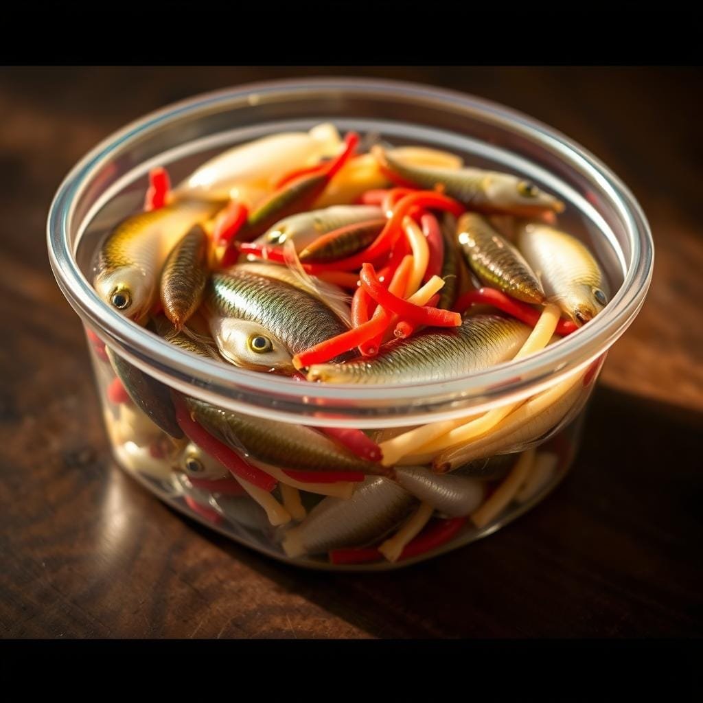A glass container filled with an assortment of live crappie baits, including wiggly minnows, plump redworms, and juicy meal worms, sits on a wooden surface. The baits are illuminated by soft, warm lighting, creating a natural, inviting atmosphere. The container is in sharp focus, with a slightly blurred background, emphasizing the bountiful array of live bait. The image conveys the idea of a reliable, consistently productive live bait setup that any crappie angler would find enticing for their next fishing trip.