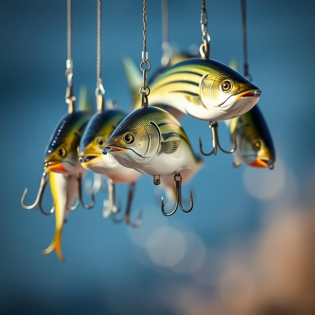 A group of hard, lifelike jerkbait lures suspended against a blurred natural backdrop. The lures are meticulously detailed, with realistic finishes, hooks, and eyes that seem to stare back. Soft, natural lighting illuminates the baits, creating subtle shadows and highlights that convey their textures. The overall scene has a sense of stillness and anticipation, inviting the viewer to imagine these lures triggering a feisty striped bass to strike. The depth of field is shallow, keeping the lures in sharp focus while the background gently fades into a soft, hazy blur. A group of hard, lifelike jerkbait lures suspended against a blurred natural backdrop. The lures are meticulously detailed, with realistic finishes, hooks, and eyes that seem to stare back. Soft, natural lighting illuminates the baits, creating subtle shadows and highlights that convey their textures. The overall scene has a sense of stillness and anticipation, inviting the viewer to imagine these lures triggering a feisty striped bass to strike. The depth of field is shallow, keeping the lures in sharp focus while the background gently fades into a soft, hazy blur.