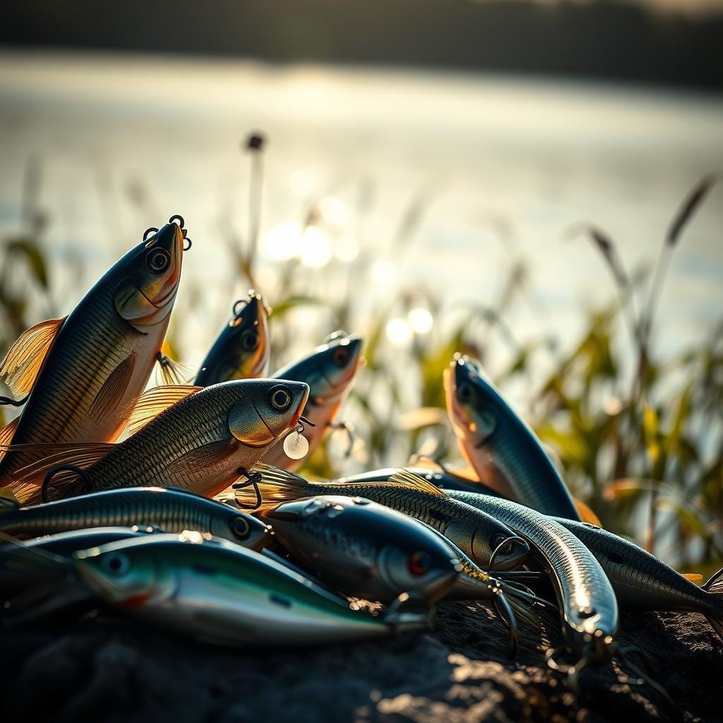 A high-contrast close-up image of a variety of realistic-looking swimbaits and glide baits on a natural background, captured with a telephoto lens. The lures are displayed in the foreground, showcasing their intricate textures, colors, and lifelike details. The middle ground features a hazy, out-of-focus backdrop of aquatic vegetation, suggesting a tranquil lake or river environment. Dramatic side lighting casts shadows and highlights the contours of the lures, creating a sense of depth and dimension. The overall tone is one of anticipation and the promise of a trophy largemouth bass lurking beneath the surface, ready to strike these carefully selected, meticulously crafted artificial baits. A high-contrast close-up image of a variety of realistic-looking swimbaits and glide baits on a natural background, captured with a telephoto lens. The lures are displayed in the foreground, showcasing their intricate textures, colors, and lifelike details. The middle ground features a hazy, out-of-focus backdrop of aquatic vegetation, suggesting a tranquil lake or river environment. Dramatic side lighting casts shadows and highlights the contours of the lures, creating a sense of depth and dimension. The overall tone is one of anticipation and the promise of a trophy largemouth bass lurking beneath the surface, ready to strike these carefully selected, meticulously crafted artificial baits.