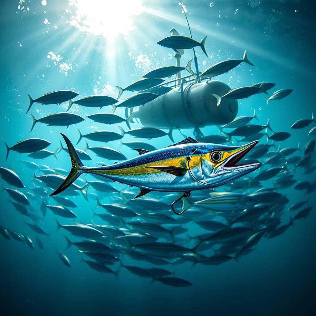 A high-contrast, dramatic underwater scene featuring a school of vibrant mahi-mahi fish hunting around a floating fish aggregating device (FAD). In the foreground, a realistic, hyper-detailed stickbait lure with an intense metallic sheen hovers just below the surface, its lifelike profile and subtle movement enticing the predatory fish. The middle ground is filled with the sleek, muscular forms of the mahi-mahi, their brilliant blue, green, and gold hues shimmering as they dart and turn, poised to strike the lure. The background is hazy, with shafts of sunlight piercing the water, creating an atmospheric, moody ambience. Captured with a wide-angle lens to emphasize the dramatic scale and energy of the scene.