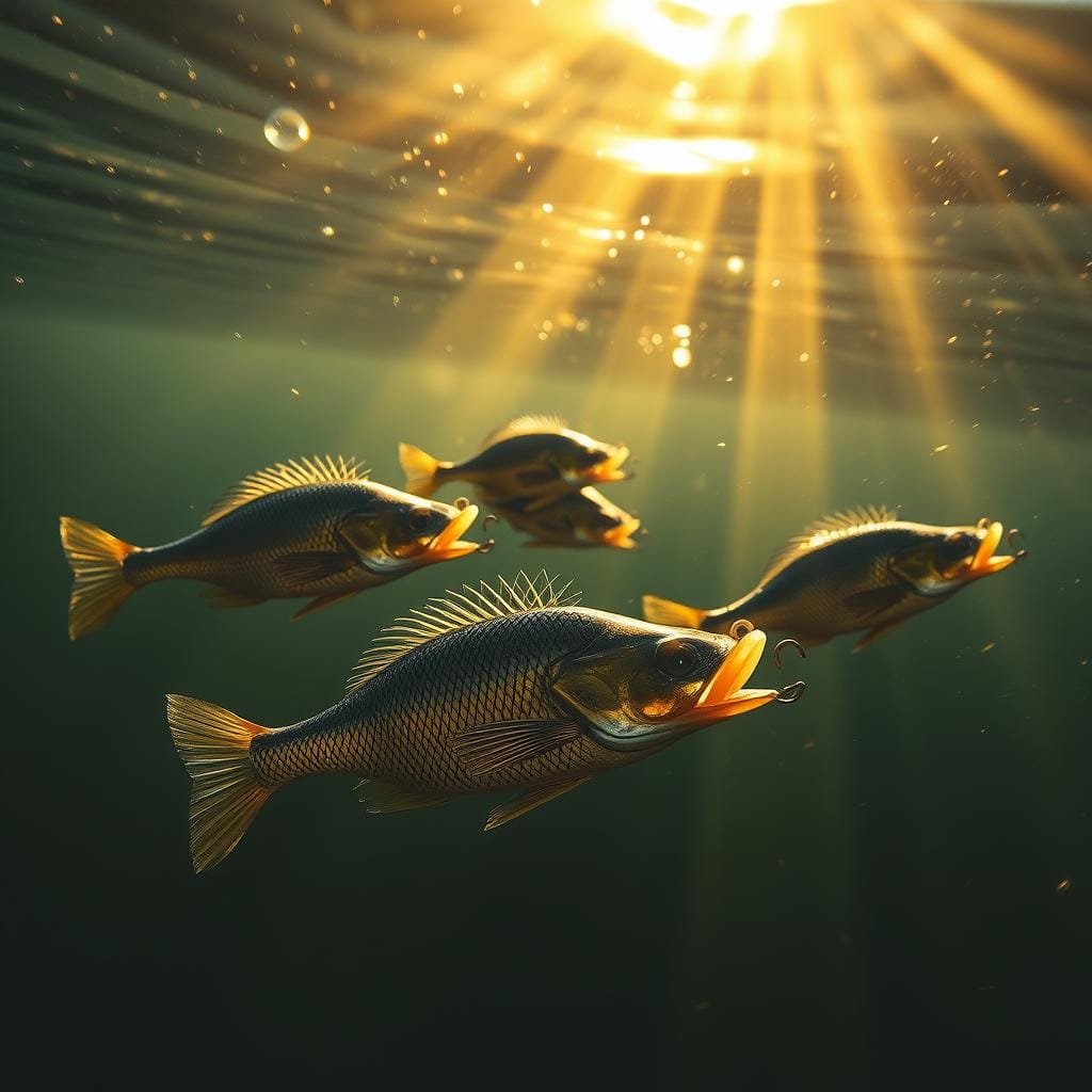A high-contrast, gritty image of several realistic crankbait lures floating in a deep, sunlit lake. The lures are submerged just below the water's surface, creating a sense of depth and movement. The crankbaits feature intricate details like painted scales, realistic eyes, and hook systems. Shafts of warm, golden light pierce the water, casting dramatic shadows and highlights across the lures. The background is hazy and slightly out of focus, emphasizing the sharp focus on the foreground lures. The overall atmosphere is one of adventure, mystery, and the thrill of trophy crappie fishing in the height of summer.