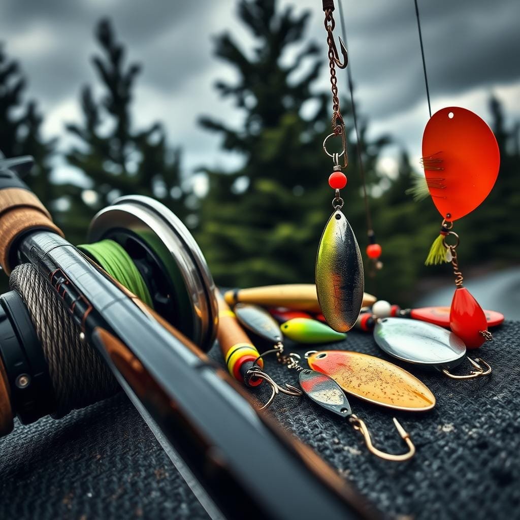 A high-quality, close-up view of fishing gear and tackle designed specifically for catching northern pike. In the foreground, a sturdy graphite fishing rod with a heavy-duty reel, thick braided line, and a large wire leader with a heavy-duty hook. In the middle ground, various lures, spoons, and spinnerbaits in bright, pike-attracting colors like chartreuse, silver, and red. In the background, a blurred, moody outdoor scene with evergreen trees and a cloudy sky, evoking a northern pike fishing environment. The lighting is natural and slightly dramatic, casting shadows and highlights on the detailed tackle. The overall mood is one of anticipation and readiness for a successful pike fishing expedition. A high-quality, close-up view of fishing gear and tackle designed specifically for catching northern pike. In the foreground, a sturdy graphite fishing rod with a heavy-duty reel, thick braided line, and a large wire leader with a heavy-duty hook. In the middle ground, various lures, spoons, and spinnerbaits in bright, pike-attracting colors like chartreuse, silver, and red. In the background, a blurred, moody outdoor scene with evergreen trees and a cloudy sky, evoking a northern pike fishing environment. The lighting is natural and slightly dramatic, casting shadows and highlights on the detailed tackle. The overall mood is one of anticipation and readiness for a successful pike fishing expedition.
