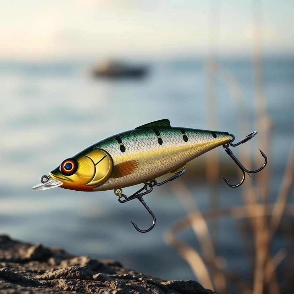 A high-quality, detailed image of a Heddon Super Spook Jr. topwater lure, meticulously rendered with realistic textures and lighting. The lure is pictured against a blurred, out-of-focus background suggesting a serene coastal scene, with hints of water and vegetation visible. The lure itself is the focal point, capturing its distinct profile, paint job, and jointed body with precision. The overall mood is one of classic fishing nostalgia, showcasing the timeless appeal of this legendary topwater bait. The lighting is natural and evocative, casting dynamic shadows and highlights that accentuate the lure's three-dimensional form.
