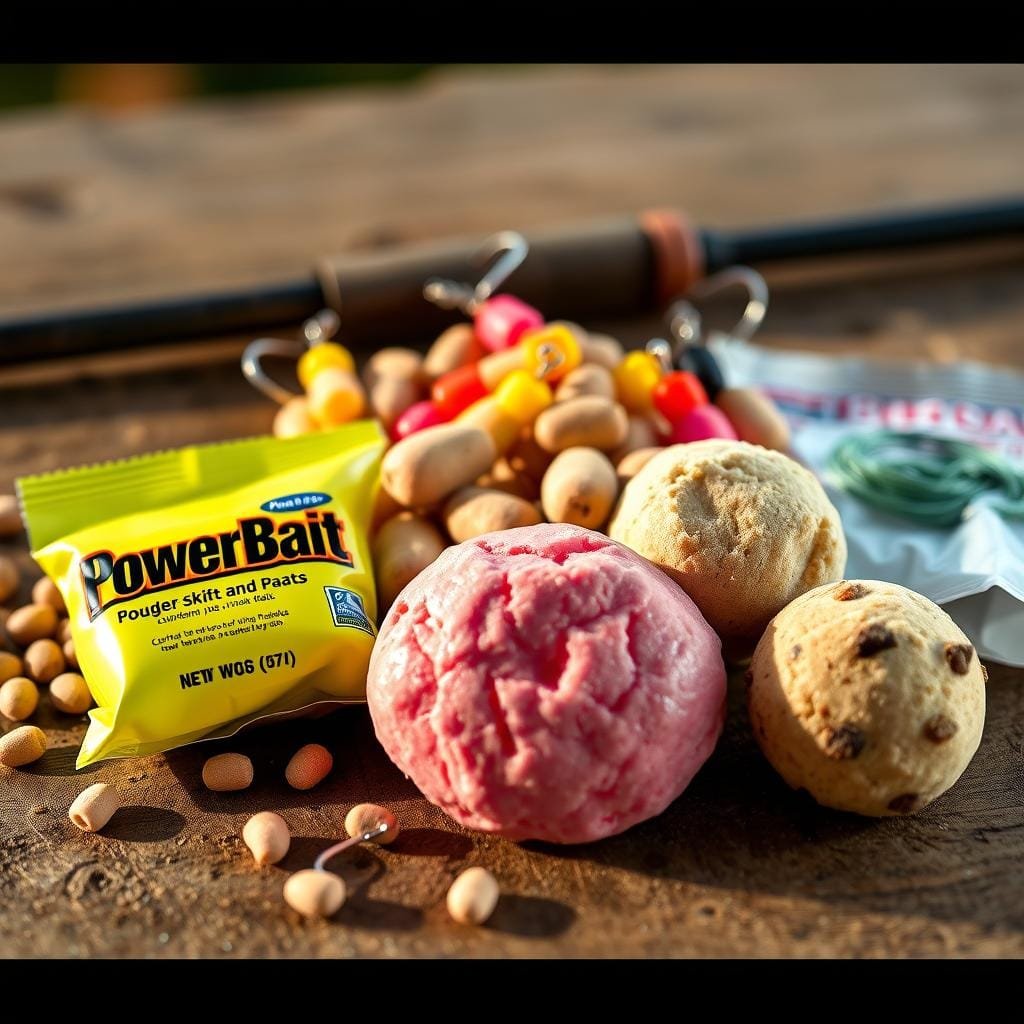 A high-quality macro photograph of various PowerBait and dough-style baits for stocked ponds, arranged on a wooden surface. The baits are displayed in the foreground, including classic PowerBait colors like yellow, chartreuse, and pink, as well as homemade dough-style options with visible flecks of ingredients. The middle ground features a few fishing lures and hooks, suggesting the intended use of these baits. The background is softly blurred, with a warm, natural lighting that enhances the textures and colors of the baits. The overall composition conveys the abundance of effective bait options for successfully fishing in stocked ponds.