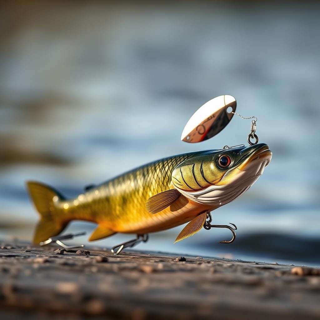 A high-quality, realistic image of a pike spinnerbait lure. The lure is positioned in the foreground, with a sharp focus and vivid details. The metal blade of the spinner is spinning, creating a mesmerizing flash of light. The lure's body is a natural mottled green color, with intricate textures and lifelike proportions. In the middle ground, a blurred, out-of-focus backdrop shows a glimpse of a tranquil, rippling body of water, hinting at the lure's intended environment. The lighting is warm and natural, creating a sense of depth and atmosphere. The overall mood is one of anticipation and confidence, capturing the essence of a pike-tempting spinnerbait lure. A high-quality, realistic image of a pike spinnerbait lure. The lure is positioned in the foreground, with a sharp focus and vivid details. The metal blade of the spinner is spinning, creating a mesmerizing flash of light. The lure's body is a natural mottled green color, with intricate textures and lifelike proportions. In the middle ground, a blurred, out-of-focus backdrop shows a glimpse of a tranquil, rippling body of water, hinting at the lure's intended environment. The lighting is warm and natural, creating a sense of depth and atmosphere. The overall mood is one of anticipation and confidence, capturing the essence of a pike-tempting spinnerbait lure.