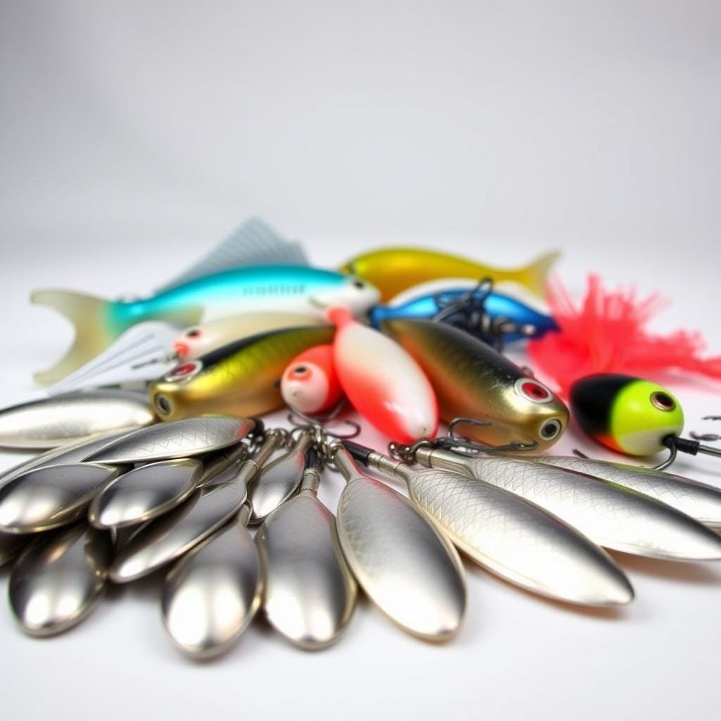 A high-quality still life photograph of an assortment of popular artificial lures for catching redfish. In the foreground, a selection of shiny metal spoons in various sizes and colors, their curved bodies reflecting the light. In the middle ground, a few soft plastic jerkbaits and paddle-tail swimbaits in natural hues, arranged around a couple of lead-head skimmer jigs with brightly colored silicone skirts. The background is a simple, slightly blurred backdrop, allowing the lures to be the focal point. Captured with soft, even lighting to accentuate the textures and details of the artificial baits, creating an inviting and informative composition.