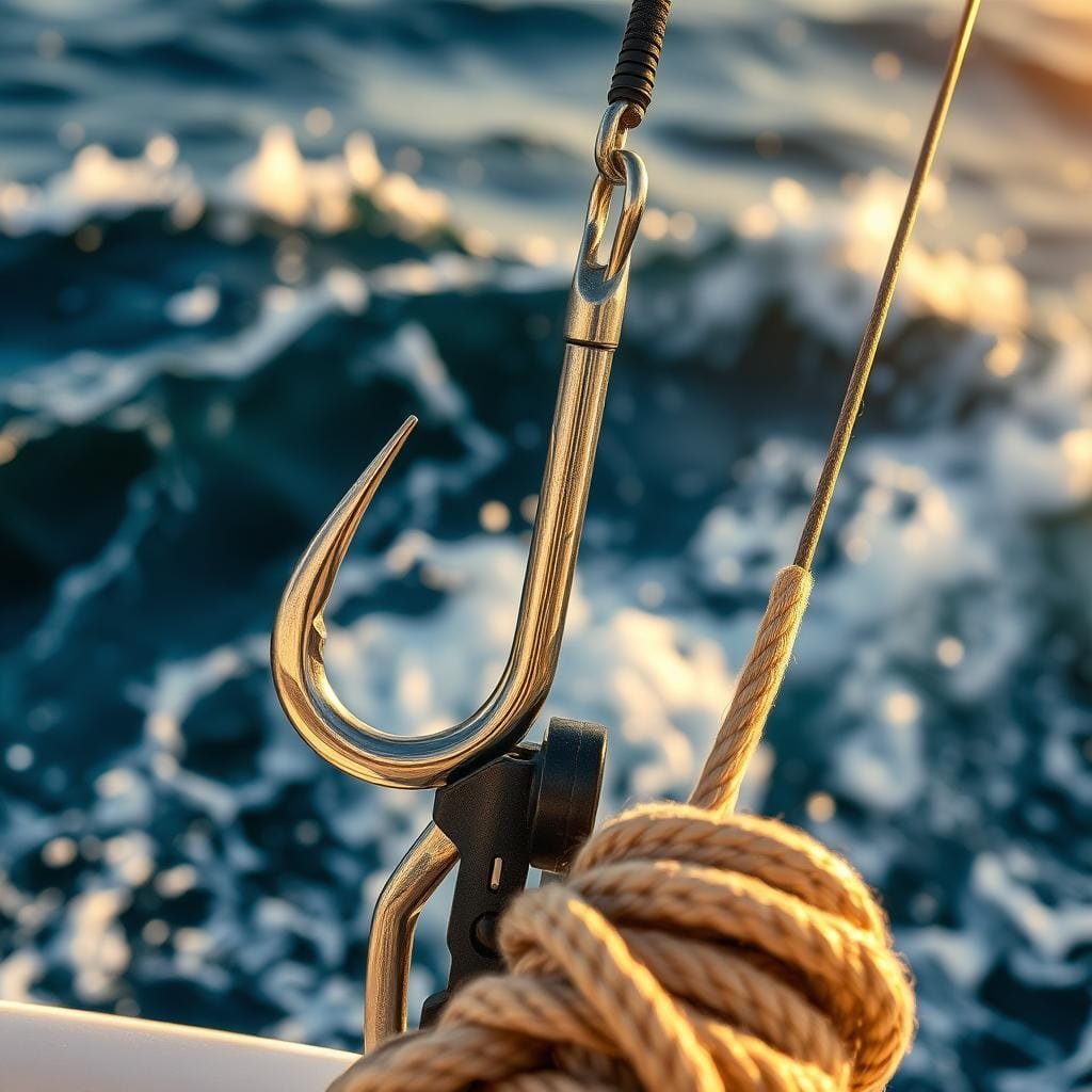 A high-resolution close-up photograph of heavy-duty fishing gear, including a robust stainless-steel hook, a thick abrasion-resistant leader material, and a tightly-woven nylon rope. The gear is positioned against a backdrop of crashing ocean waves, with the sun creating a warm, golden glow. The image captures the rugged durability and reliability required for offshore fishing, particularly for targeting aggressive predators like the mahi-mahi. The lighting emphasizes the sheen of the metal components and the textural details of the various materials, conveying a sense of strength and resilience.
