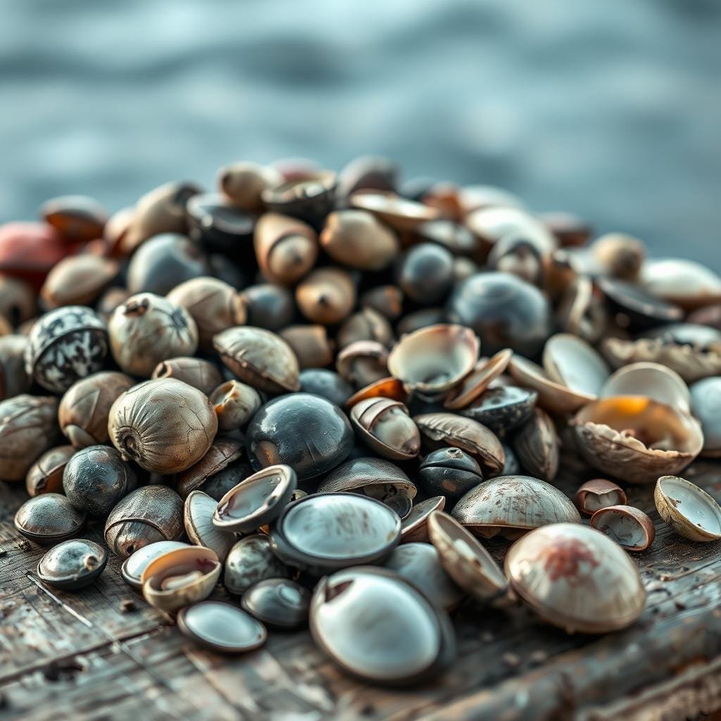 A high-resolution, detailed image of a natural bait display featuring an assortment of barnacles, oysters, clams, and sheepshead. Realistic textures, shadows, and lighting create a tactile, three-dimensional scene. The bait items are arranged in the foreground on a rustic wooden surface, with a soft, natural background blurring into focus. The overall mood is one of authenticity, highlighting the natural appeal of these common fishing baits. Subtle color tones and a warm, coastal atmosphere evoke the setting of a successful angling expedition.