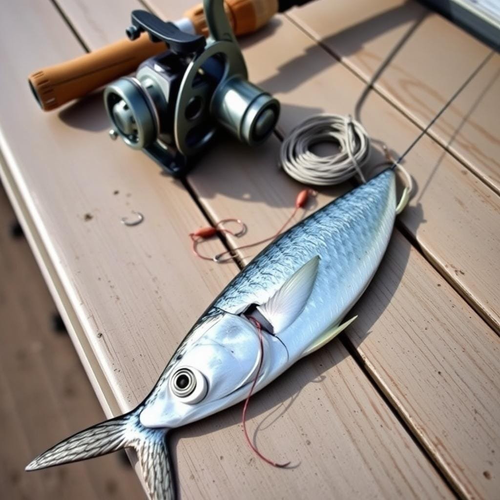 A high-resolution, detailed image of a tarpon fishing setup, consisting of a fishing rod, reel, line, leader, and hooks. The setup is arranged on a wooden surface, such as a dock or boat deck, with a neutral, natural background. The lighting is soft and natural, highlighting the various components of the rigging. The focus is on showcasing the leader, hooks, and presentation, with a sense of expertise and attention to detail. The overall mood is one of preparation and anticipation, capturing the essence of the "Rigging and Presentation" section of the article.