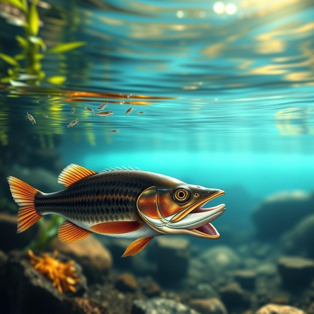 A high-resolution, photorealistic illustration depicting a juvenile and an adult warmouth side-by-side, showcasing their distinct feeding behaviors and dietary adaptations. The juvenile warmouth, with its smaller mouth and slender body, is foraging on aquatic insects and small crustaceans near the water's surface. The adult warmouth, with its larger, more robust frame and wider mouth, is focused on consuming larger prey such as small fish and crayfish from the bottom of the lake. The scene is set against a blurred, naturalistic background of submerged aquatic vegetation, rocks, and dappled sunlight filtering through the water's surface, creating a sense of depth and underwater tranquility.