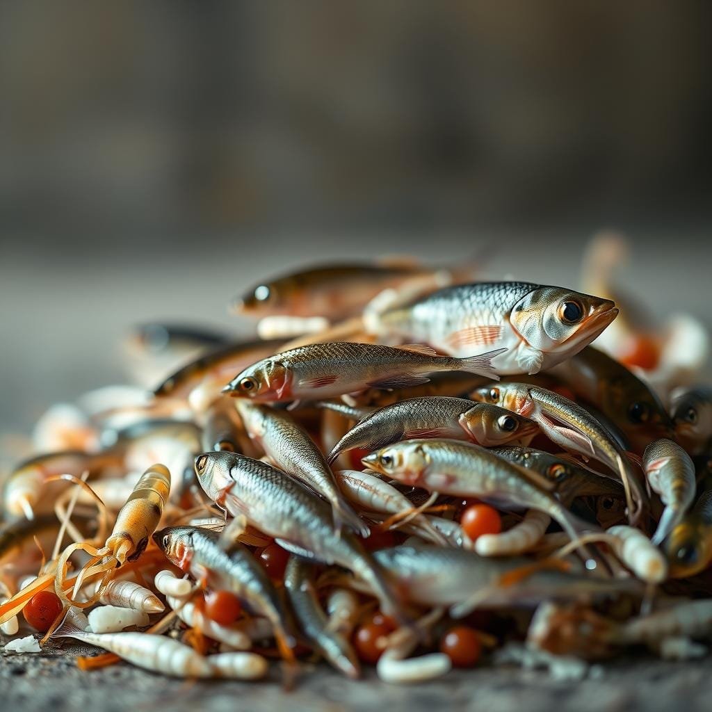 A high-resolution, ultra-detailed close-up photograph of various small forage fish species commonly eaten by weakfish, including shrimp, spearing, sand eels, peanut bunker, and squid. The scene is set against a blurred, muted background with soft natural lighting, creating a sense of depth and focus on the subjects. The fish and crustaceans are depicted with precise anatomical accuracy, their textures and colors vividly rendered. The overall composition emphasizes the diversity and abundance of the weakfish's primary food sources, conveying the importance of these prey items for the health and success of the species. A high-resolution, ultra-detailed close-up photograph of various small forage fish species commonly eaten by weakfish, including shrimp, spearing, sand eels, peanut bunker, and squid. The scene is set against a blurred, muted background with soft natural lighting, creating a sense of depth and focus on the subjects. The fish and crustaceans are depicted with precise anatomical accuracy, their textures and colors vividly rendered. The overall composition emphasizes the diversity and abundance of the weakfish's primary food sources, conveying the importance of these prey items for the health and success of the species.