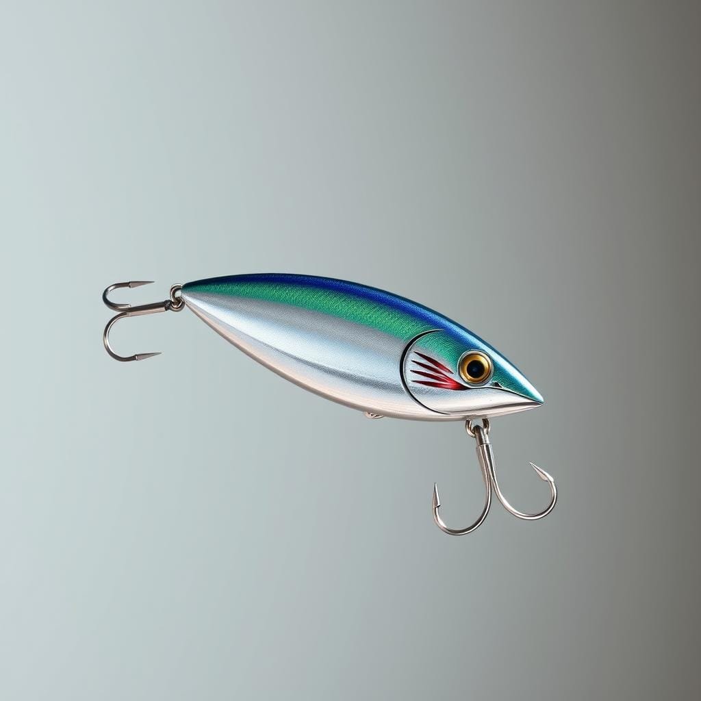 A highly detailed and realistic illustration of an original Clark spoon for Spanish mackerel fishing and trolling. The spoon is centered in the frame, showcasing its sleek, metal body with a chrome finish that catches the light. The lure is suspended against a neutral, out-of-focus background, allowing the object to be the focal point. Lighting is natural and soft, creating subtle shadows and highlights that accentuate the spoon's curves and contours. The angle is slightly elevated, giving a three-dimensional perspective that emphasizes the lure's shape and size. The mood is one of precision, quality, and functionality - highlighting the classic design that has made the Clark spoon a trusted choice for Spanish mackerel anglers.