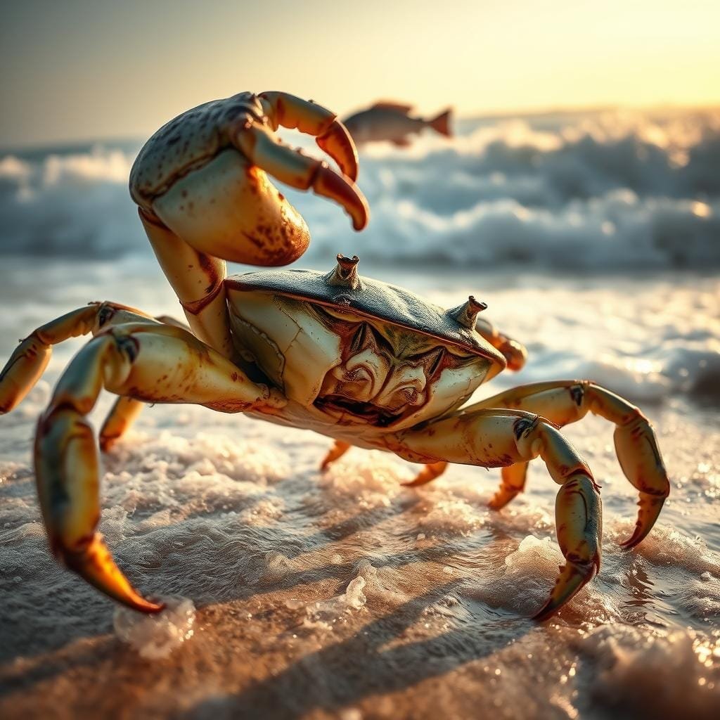 A massive blue crab, its shell gleaming in the sun, dominates the foreground, its claws outstretched, ready to grasp its prey. In the middle ground, rolling waves crash against the shore, creating a dynamic backdrop. In the distance, towering giants, the legendary black drum, lurk in the surf, their massive silhouettes visible through the foaming water. The scene is bathed in warm, golden light, creating a sense of drama and tension. The camera angle is low, emphasizing the crab's imposing size and power, while capturing the scale and grandeur of the black drum in the background. The overall mood is one of raw, primal energy, capturing the intense struggle for survival in the unforgiving surf.