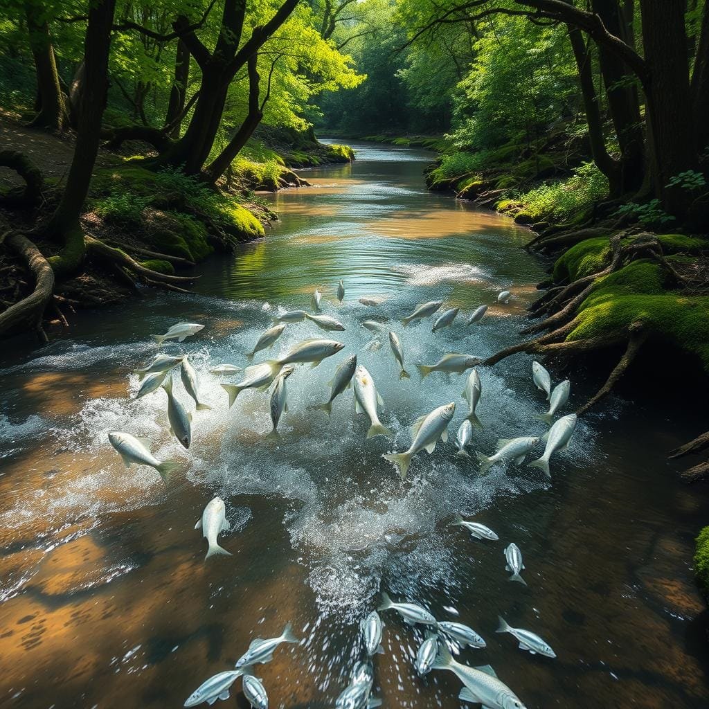 A meandering creek cutting through lush spring foliage, its banks dotted with gnarled tree roots and moss-covered rocks. In the shallows, a school of white bass thrashes the surface, chasing a swarm of baitfish. Soft, diffused light filters through the canopy, casting gentle shadows over the scene. A wide-angle lens captures the dynamic action, with the creek winding into the distance. The atmosphere is one of serene vitality, as the white bass make their annual migration from the lake, seeking spawning grounds upstream.