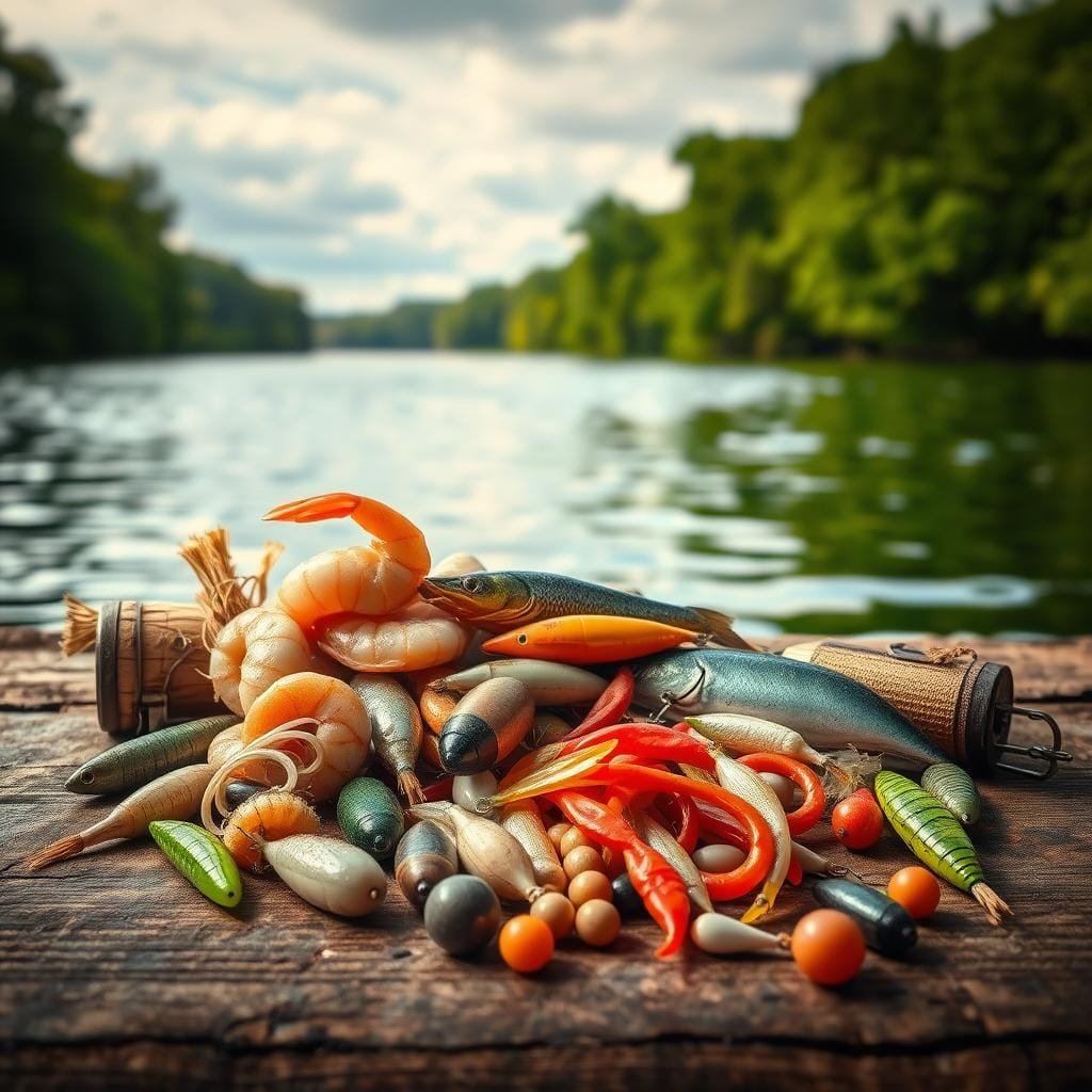 A meticulously composed still life showcasing an array of fishing bait, lures, and tackle against a backdrop of a tranquil lakeside scene. The foreground features a diverse selection of baits - live shrimp, soft plastic grubs, and an assortment of natural and artificial lures - artfully arranged on a weathered wooden surface. The middle ground depicts a serene lake with gently rippling water, reflecting the surrounding natural elements. In the background, a lush, verdant shoreline frames the scene, creating a sense of depth and natural harmony. Soft, diffused lighting casts a warm, golden glow over the tableau, enhancing the textures and colors of the fishing gear. The overall composition conveys a sense of thoughtful preparation and an understanding of how to match bait and presentation to the specific water conditions for a successful day of flounder fishing.