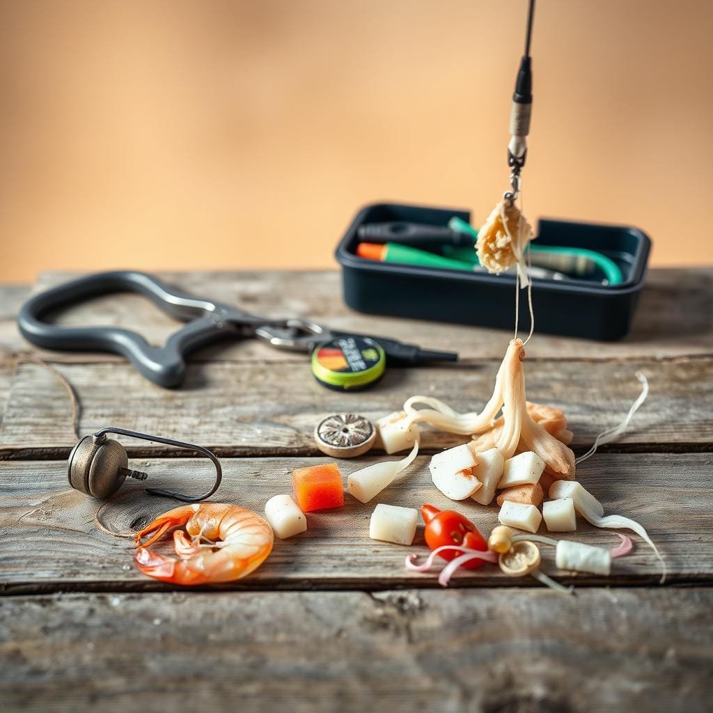 A meticulously composed still life showcasing two distinct fishing methods. In the foreground, a ledger rig with sinker and hook, alongside a delicately balanced float rig, each accompanied by an array of tempting baits - live shrimp, fresh cut bait, and succulent chunks of squid. The middle ground features a weathered wooden surface, the tools of the trade - pliers, line, and tackle box - arranged with care. The background subtly blurs into a soft, neutral tone, allowing the fishing equipment to take center stage under the warm, natural lighting. The overall mood is one of thoughtful preparation, inviting the viewer to contemplate the nuances of bait selection and presentation for the pursuit of wily triggerfish.