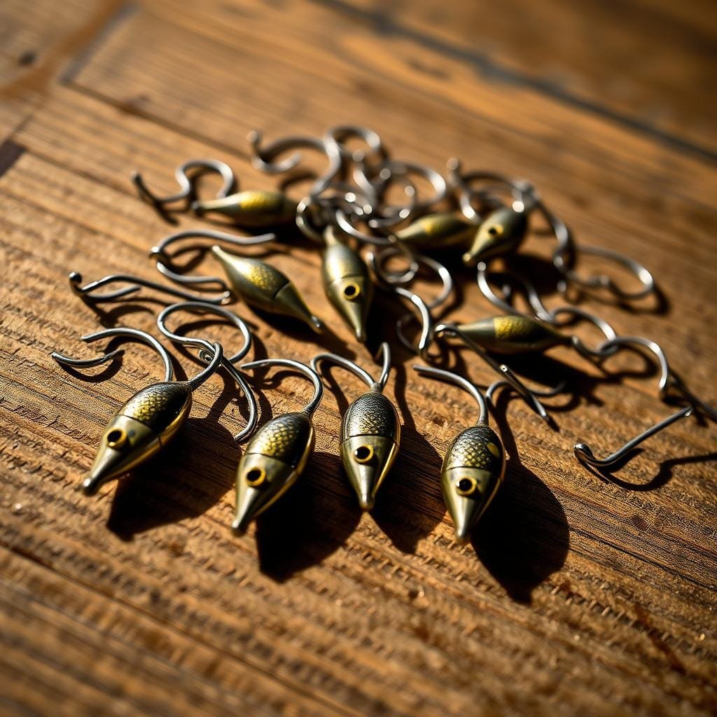 A meticulously crafted still life scene depicting an assortment of walleye jig heads in various weights and sizes, arranged on a textured wooden surface with a shallow depth of field. The jig heads are photographed from a low angle, casting soft shadows and highlighting their intricate designs and finishes. The lighting is warm and natural, creating a subtle chiaroscuro effect that emphasizes the textures and materials. The composition is balanced and aesthetically pleasing, inviting the viewer to examine the details and understand the importance of selecting the right jig head for different fishing conditions.