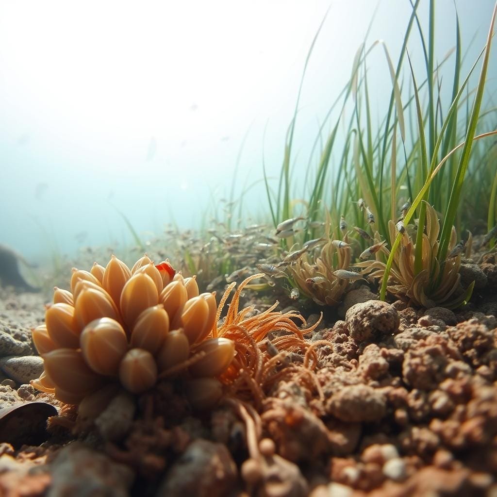 A meticulously detailed underwater scene featuring a diverse array of natural prey common to the scup fish. In the foreground, a cluster of succulent mollusks and delicate worms in muted earth tones cling to rocky sea floor. In the middle ground, a school of small, translucent crustaceans scurry about amidst swaying seagrass. The background is dominated by a sunlit, hazy expanse of the open ocean, with scattered silhouettes of larger marine life. Soft, diffused lighting from above creates a sense of tranquility, while the overall composition conveys the bountiful natural food sources available to the scup.