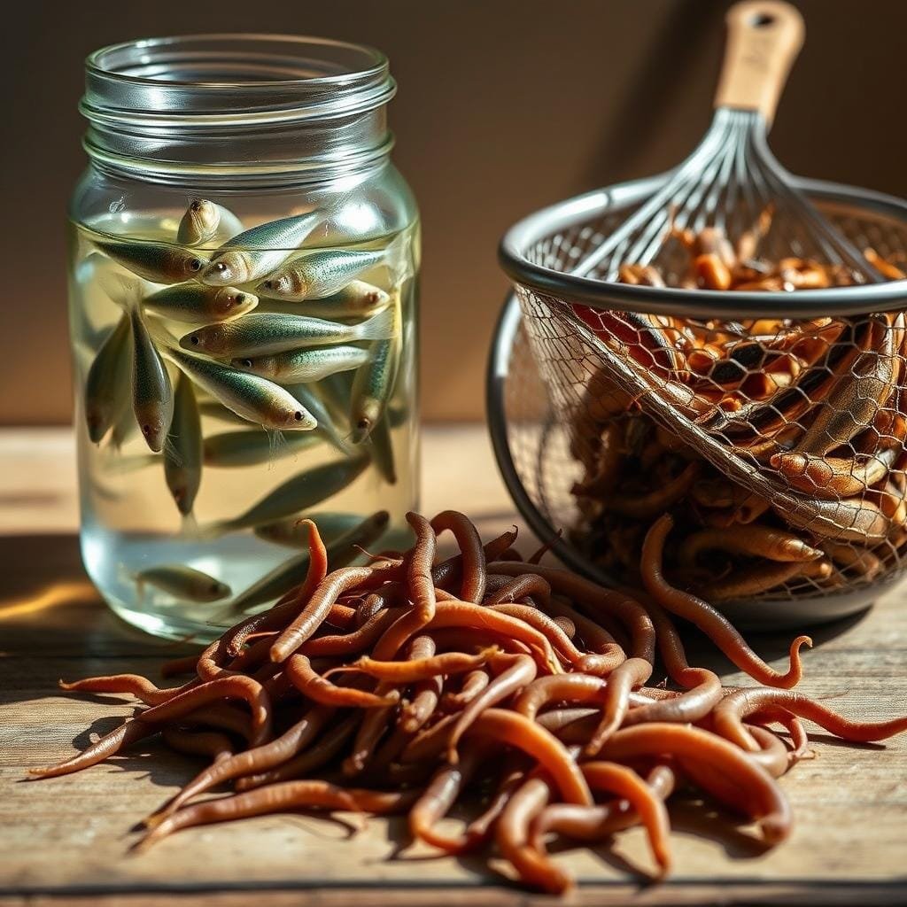 A meticulously photographed still life showcasing the top live bait picks for successful warmouth fishing: a cluster of minnows swimming in a clear glass jar, a pile of lively crickets in a mesh container, and a tray of plump, wriggling earthworms. The scene is illuminated by a warm, natural light source, casting gentle shadows and highlighting the textures and colors of the baits. The composition is balanced and visually appealing, inviting the viewer to imagine the potential for a fruitful angling adventure. The overall mood is one of anticipation and the promise of a bountiful catch.